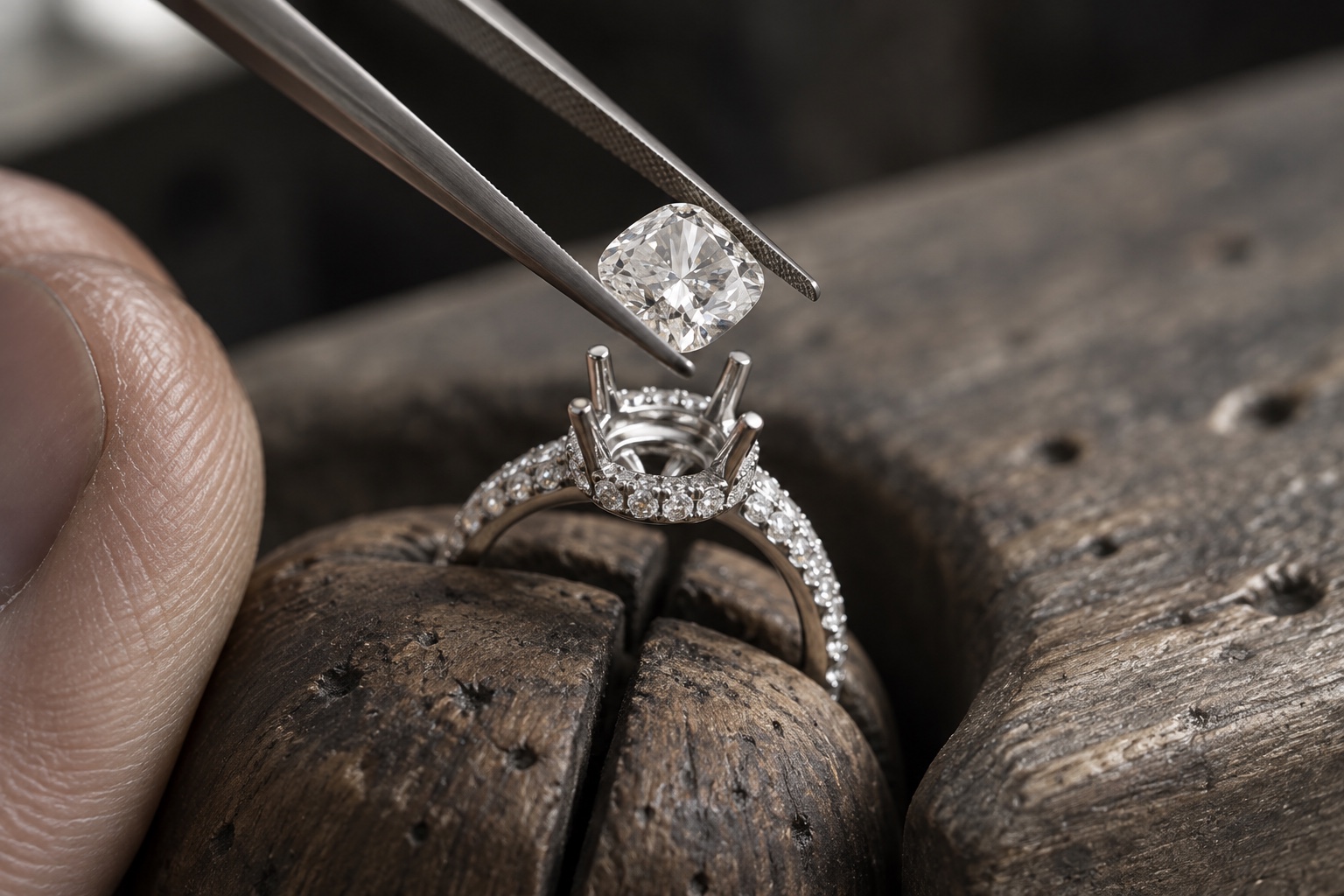 Dettaglio dell'incastonatura di un diamante in un anello tenuto in una morsa da orafo, immagine illustrativa