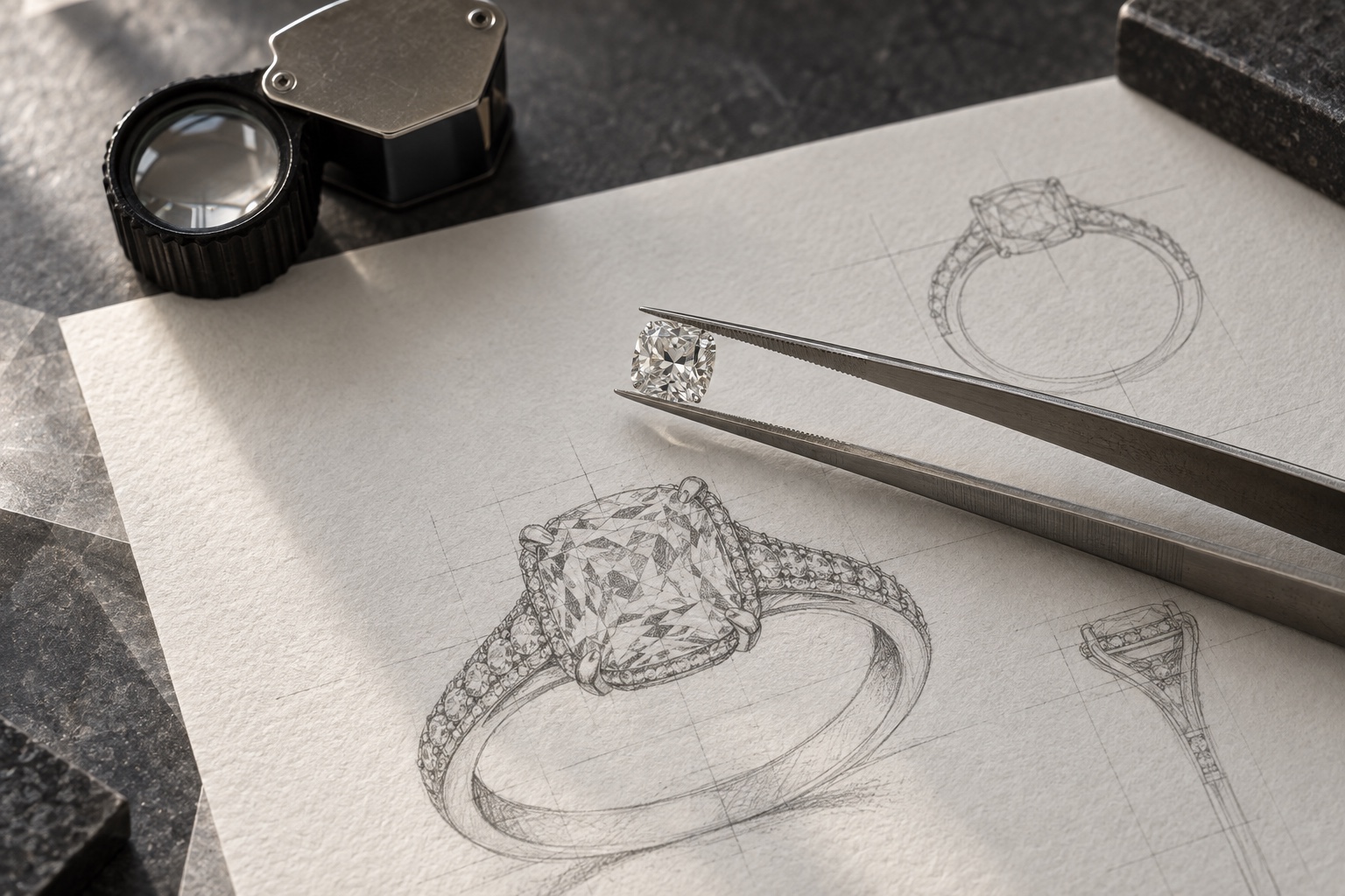 Diamante taglio cushion tra pinzette sopra il disegno a matita di un anello, immagine illustrativa